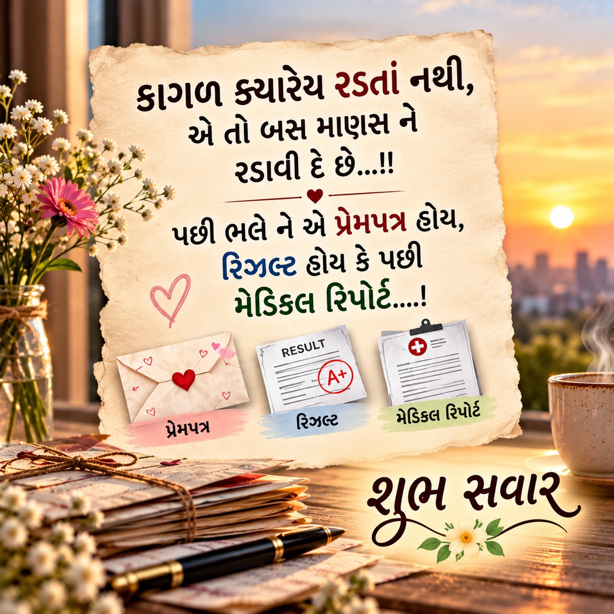 NewsContinuous's tweet photo. કાગળની કમાલ: પ્રેમપત્રથી લઈને મેડિકલ રિપોર્ટ સુધીના જીવનના ભાવનાત્મક પાનાં 🙏
#GujaratiQuotes #ShubhSavar #JayShreeRam #EmotionalQuotes #LifeTruths #MorningThoughts #DeepMeaning #GujaratiVibes https://t.co/Amp1a0xp4f