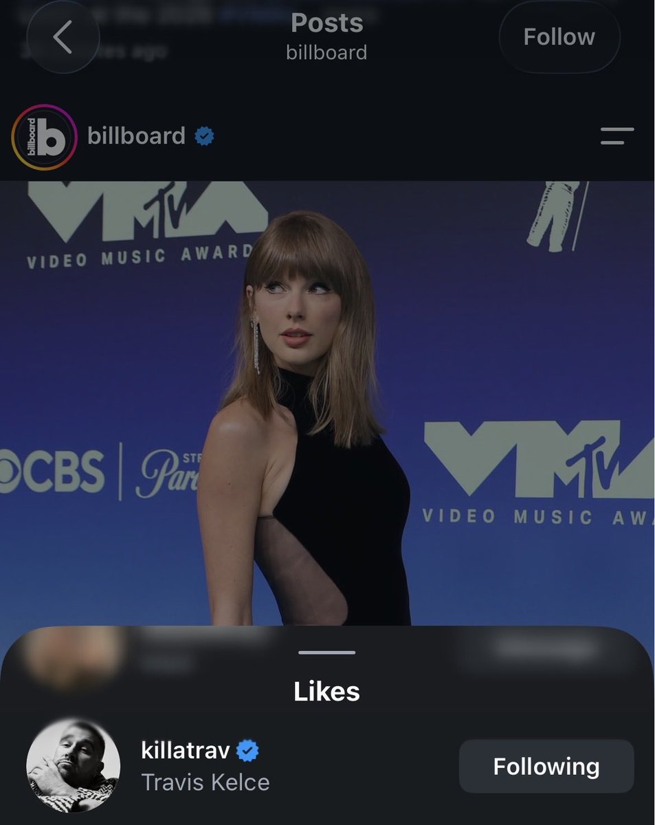 TSwiftNZ's tweet photo. 📲 | Travis Kelce has liked three posts of Taylor Swift at the #VMAs on Instagram https://t.co/thzIFyu98R