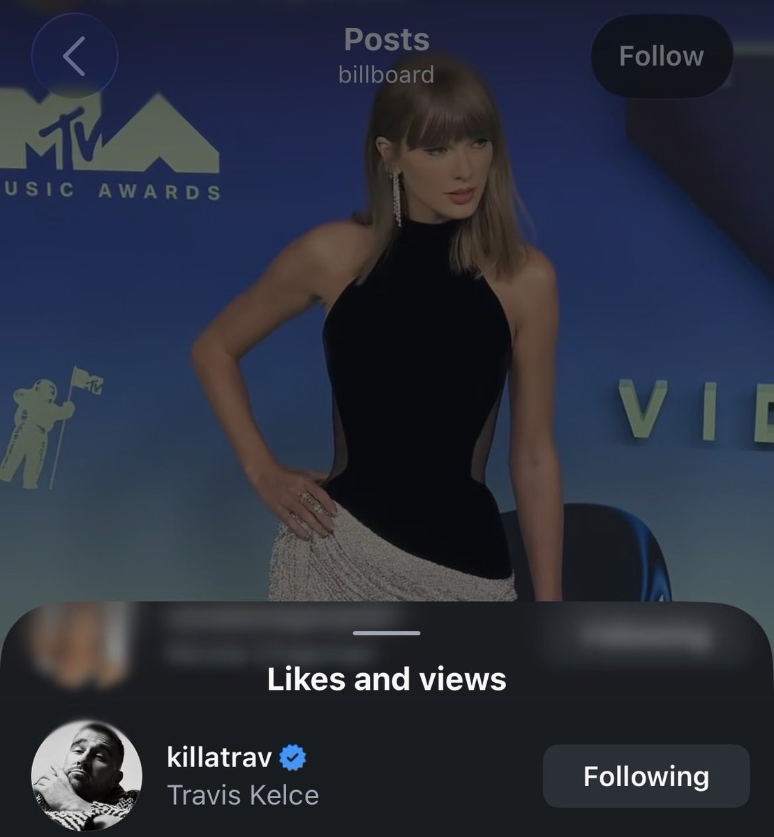 TSwiftNZ's tweet photo. 📲 | Travis Kelce has liked three posts of Taylor Swift at the #VMAs on Instagram https://t.co/thzIFyu98R