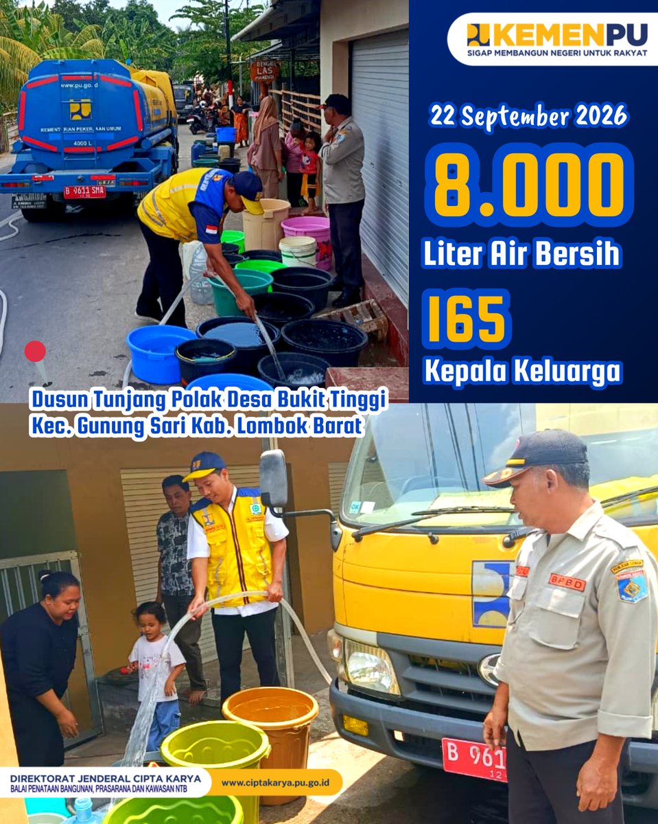 BPBPKNTB's tweet photo. Kementerian PU Ditjen Cipta Karya melalui BPBPK NTB telah melaksanakan kegiatan distribusi air bersih bagi warga yang terdampak kekeringan periode 21-24 September 2026.
#1ck1
#sigapmembangunnegeriuntukrakyat
#pu608 https://t.co/6pm9GBe27E