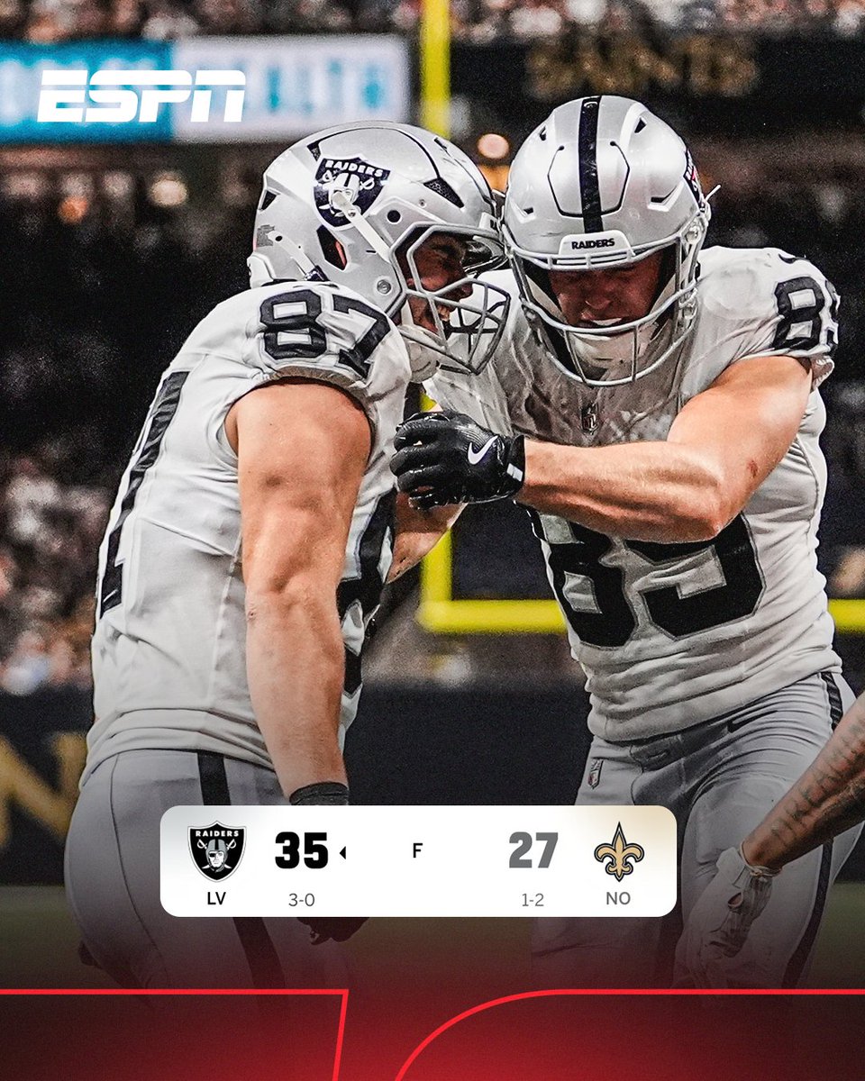 ESPNmx's tweet photo. ¡ASÍ ES, OTRA VEZ GANARON LOS RAIDERS! 💥

Perdían 27-22 ante Saints y una intercepción Hezekiah Masses en el último cuarto encaminó la remontada para conseguir su tercer triunfo consecutivo 🏈 https://t.co/87PrRaaRFp