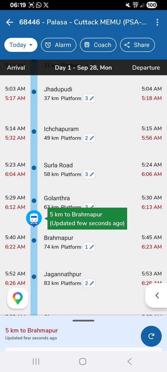 priya_swain's tweet photo. Commuter train 68446 is running 45min late within BAM. It has always grivanced that delay run is affected to 1500 daily commuter's social,financial, official,livelihood, since @srdomkur &amp; team are not having responsibility at all. @DRMKhurdaRoad @EastCoastRail @RailwaySeva https://t.co/NbdvyVelJV