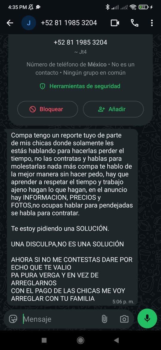 MuySufrido00's tweet photo. Me llegó este mensaje 😔 ¿será real? Yo solo pregunte el precio de una escort 😔😔😔 estoy preocupado https://t.co/qVfbWw7Apj