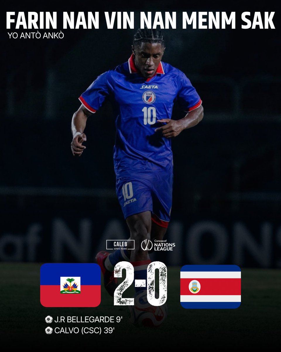 Caleb_Jephte's tweet photo. TERMINÉ ! Haïti gagne son deuxième match de Ligue des Nations ce soir face au Costa Rica ! 

2 matchs et 2 victoires pour les Grenadiers dans la compétition. 👏🏽🇭🇹 https://t.co/ncvlm9xUVr