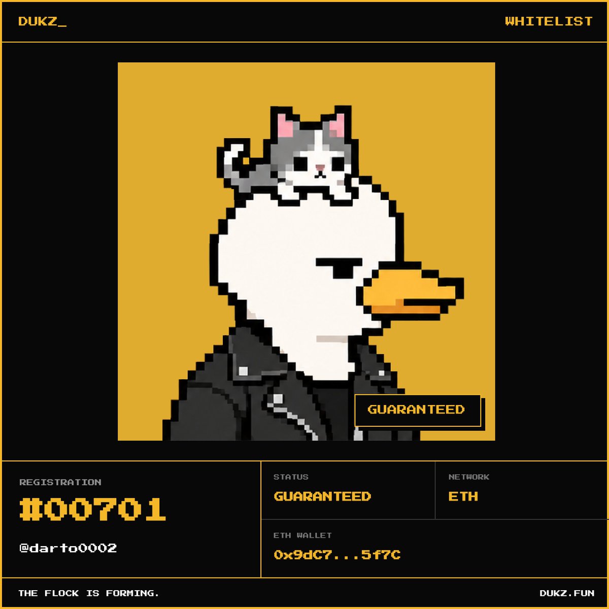 darto0002's tweet photo. @Dukznft  WHITELIST // GUARANTEED 🦆

DUKZ #00701
@darto0002

The flock is forming.

https://t.co/qrTD00NoBl https://t.co/adJAYAfvW4