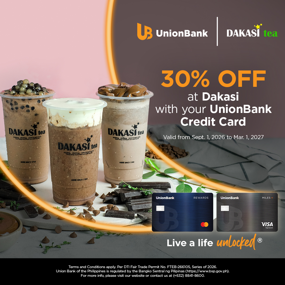 unionbankph's tweet photo. Enjoy your favorite Dakasi drinks at 30% OFF, only with your UnionBank Credit Card. Valid for a min. spend of P400 until March 1, 2027. Discount is capped at P500.​
​
T&Cs apply. Visit https://t.co/htXKNm1nkB more for details.​
​
DTI Fair Trade Permit No. 266105, Series of 2026​
​
Union Bank of the Philippines is regulated by the Bangko Sentral ng Pilipinas (https://t.co/1yGSaMN7t8).​
​
For more info, please visit our website. For any concerns, you may contact us through our UnionBank Online app (Mailbox > Support > Create New Ticket) or our Customer Service Hotline at (+632) 8841-8600.