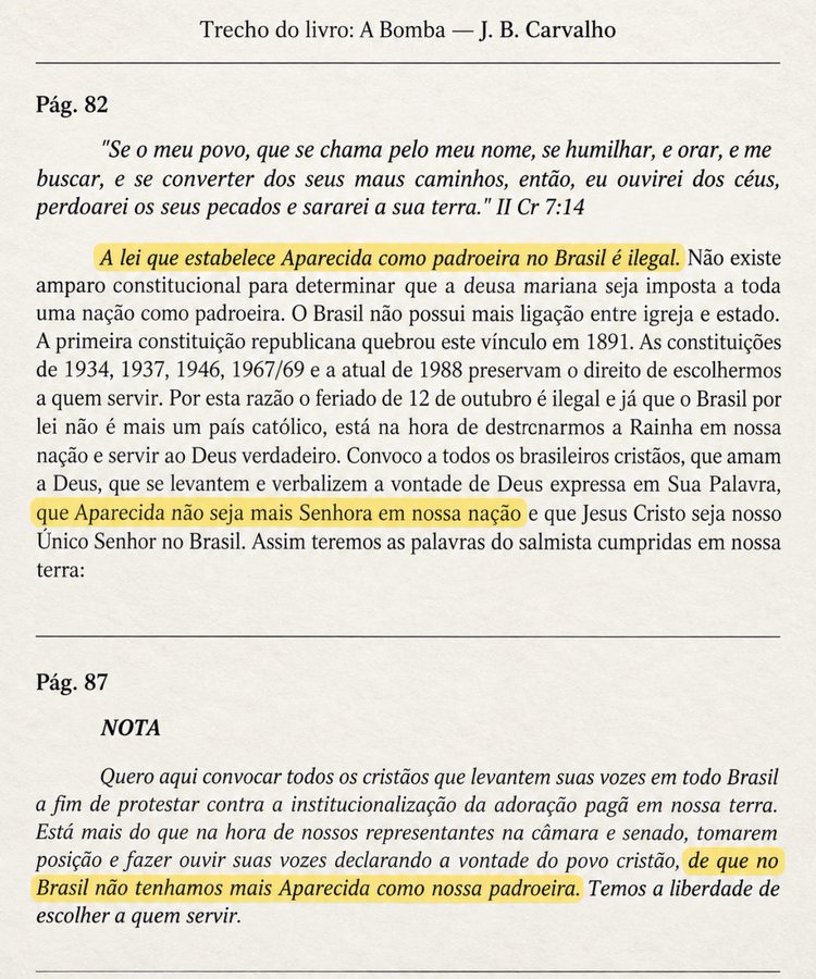 ricardope's tweet photo. Trechos do livro A Bomba do bispo JB Carvalho, fundador da igreja evangélica frequentada por Flávio bolsonaro, dizendo que "a lei que estabelece Aparecida como padroeira do Brasil é ilegal" e "que está na hora de destronarmos a Rainha". 

NÃO TOQUEM NA PADROEIRA https://t.co/jCqUAumqeq