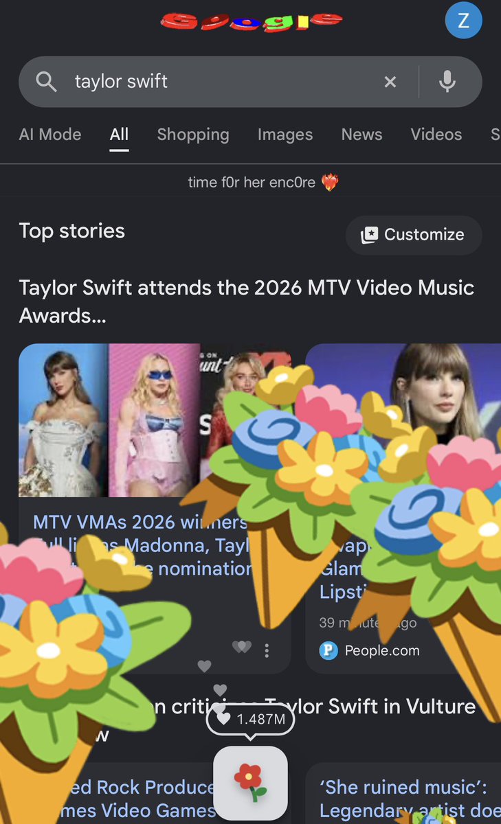SwiftNYC's tweet photo. When you google “Taylor Swift”, flowers appear and a trophy saying “MTV Artist Director Honors” with the headline: 

‘time f0r her enc0re ❤️‍🔥’ #VMAs https://t.co/Q6veSfAqhg