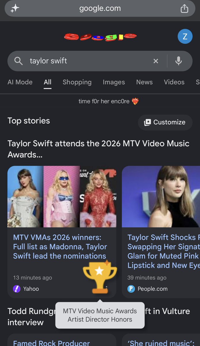 SwiftNYC's tweet photo. When you google “Taylor Swift”, flowers appear and a trophy saying “MTV Artist Director Honors” with the headline: 

‘time f0r her enc0re ❤️‍🔥’ #VMAs https://t.co/Q6veSfAqhg