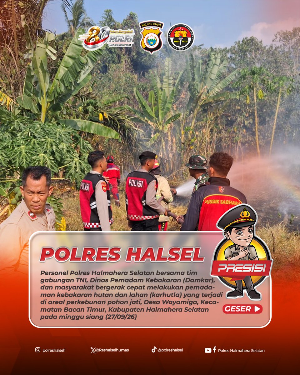 Reshalselhumas's tweet photo. Gerak Cepat Polres Halsel Tangani Karhutla di Wayamiga

Personel Polres Halmahera Selatan bersama TNI, Damkar Kabupaten Halmahera Selatan, dan masyarakat bergerak cepat menangani kebakaran hutan dan lahan (Karhutla) yang terjadi di areal perkebunan pohon jati, Desa Wayamiga. https://t.co/RlgTY28wxs