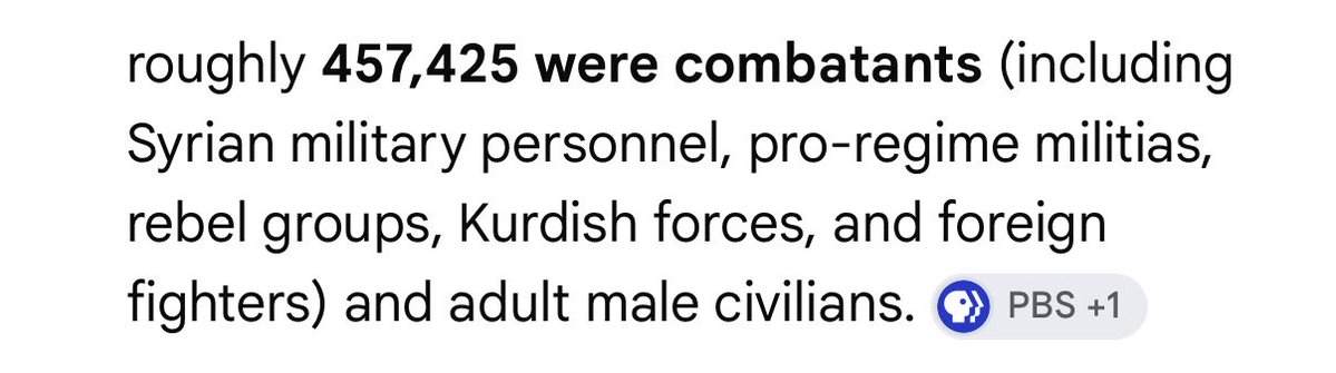 Partisangirl's tweet photo. 200,000 of that were soldiers fighting for Assad.

The rest were the CIA backed terrorists.

Rahmeh won’t tell you that though. She is ignorant about Syria and just regurgitates CIA/Zionist talking points. https://t.co/hl7oYzKkTC