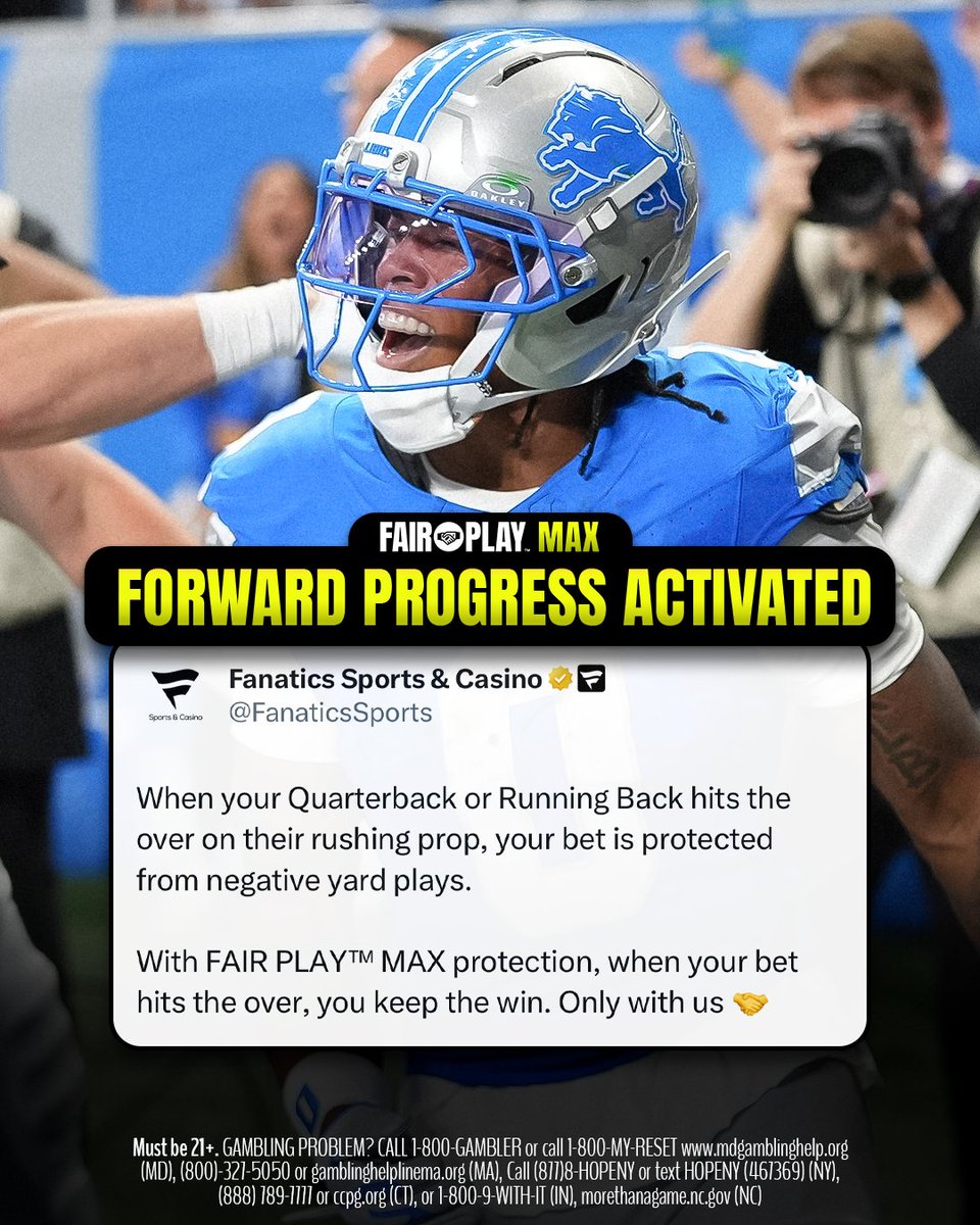 FanaticsSports's tweet photo. Forward Progress is activated for Jahmyr Gibbs' negative rushing yards across eligible totals. Hit the over, keep the win. https://t.co/Fezm6ue2A5