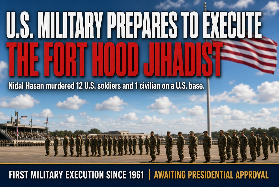 AinsworthKeith's tweet photo. U.S. TO EXECUTE JIHADIST. 

Nidal Hasan was a Muslim Army major who murdered 13 at Fort Hood and said he switched sides for jihad.

Obama’s Pentagon called it “workplace violence.”
The Army is now preparing the first U.S. military execution since 1961. https://t.co/Hqghlxrs0a