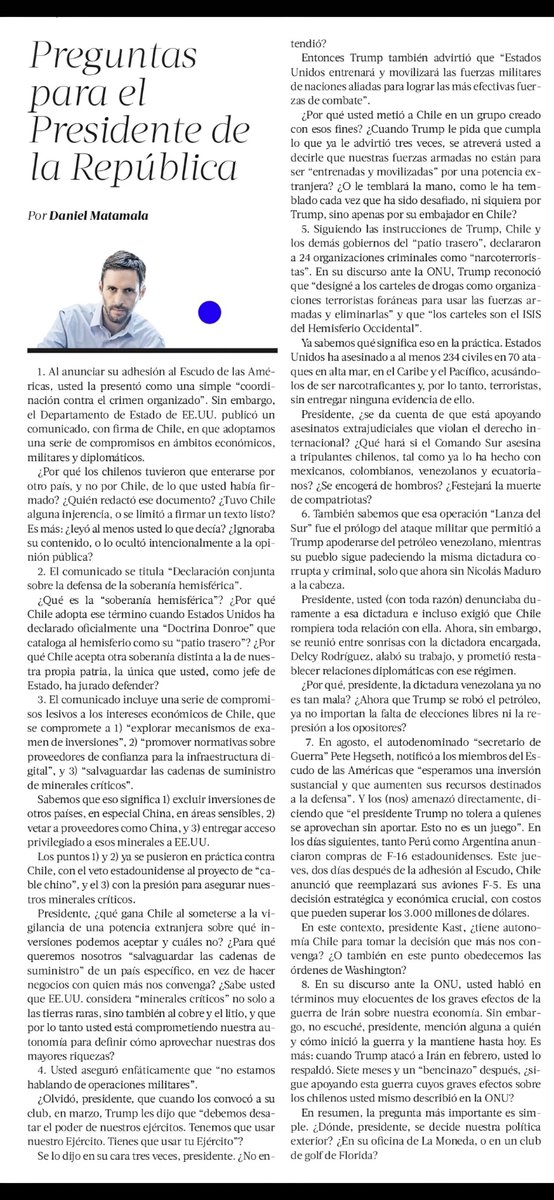 RobertoMerken's tweet photo. 🔴 Daniel Matamala le hace a Kast la pregunta que La Moneda aún no responde: ¿qué firmó Chile en el Escudo de las Américas?

El Gobierno habló de combatir el crimen organizado. El texto también aborda inversiones, minerales críticos y cooperación militar. ¿Quién decidió esos compromisos, bajo qué límites y qué podrá rechazar Chile cuando Washington pida pasar de las palabras a los hechos?

La soberanía se demuestra pudiendo decir que no. Y explicando públicamente a qué se dijo que sí.