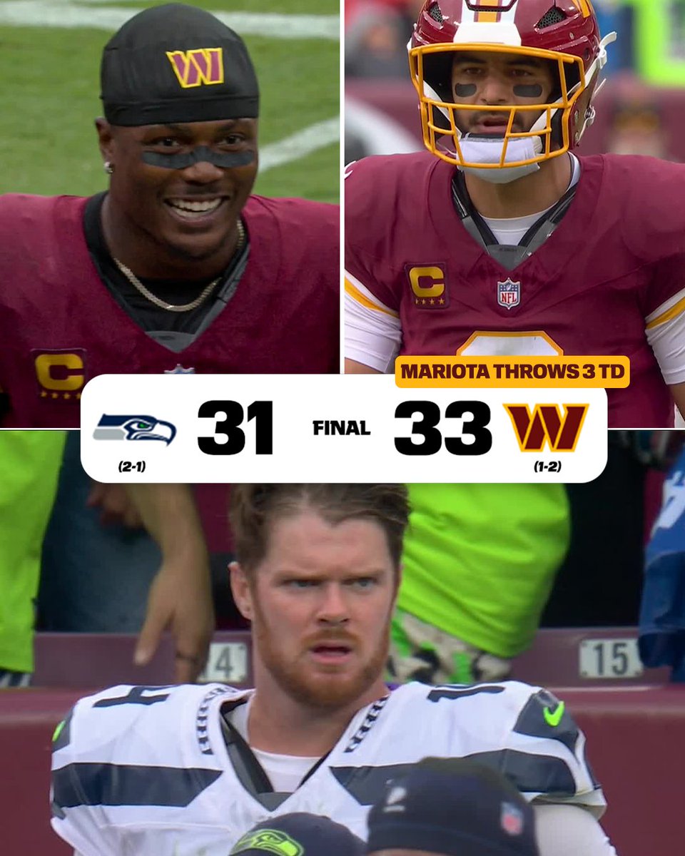 SportsCenter's tweet photo. COMMANDERS SPOIL DARNOLD'S RETURN AND SNAP THE SEAHAWKS' 12-GAME WIN STREAK 🔥

Marcus Mariota leads Washington to its first win of the season 😤 https://t.co/6OtgpM5ZfQ