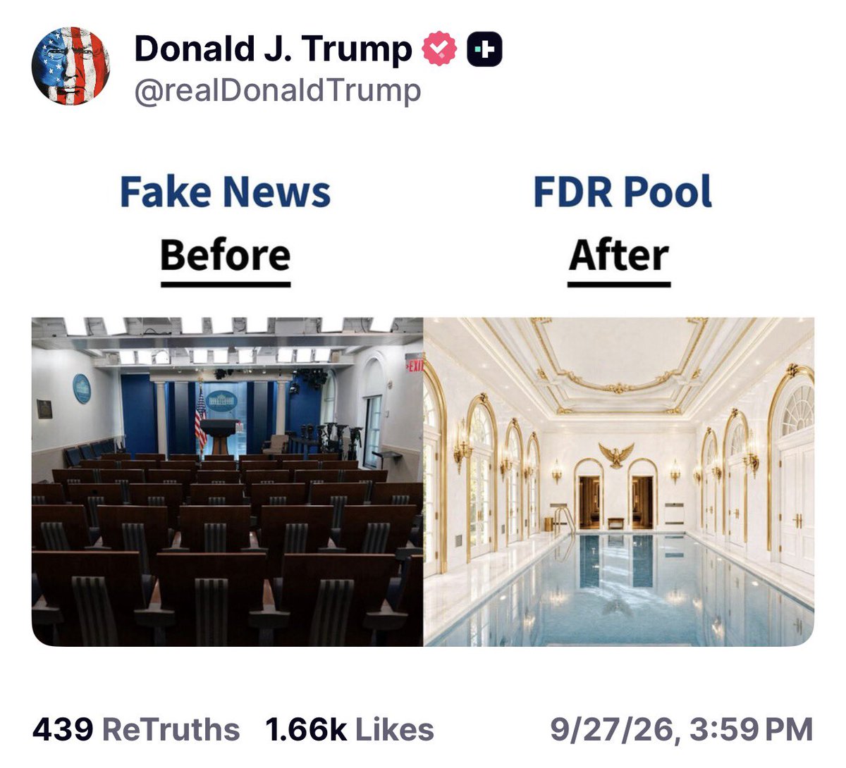 intheMatrixxx's tweet photo. POOL > PRESS CORPS. DRAIN THE SWAMP? 

Trump just posted the before-and-after that the media hoped you’d never see.

Left: the Fake News briefing room — empty chairs, dark lighting, the same room they used to lecture America from.

Right: FDR’s original indoor pool, restored, gold, light, American.

That briefing room was built on top of FDR’s 1933 pool in 1970. They covered history to give the press a stage.

Trump just reminded everyone what’s under their feet.

Drain the spin. Restore the pool. 

America First. 🇺🇸