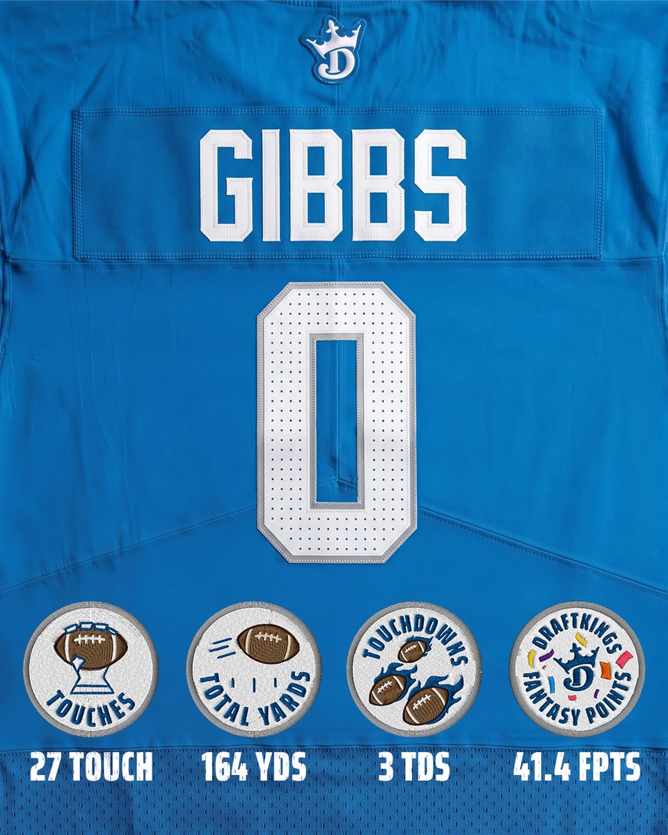 DraftKings's tweet photo. The Crown is Yours, Jahmyr! 🫴👑

Jahmyr Gibbs went OFF for 164 yards and 3 TDs as Detroit took down the Jets https://t.co/pwJ38V9K3u