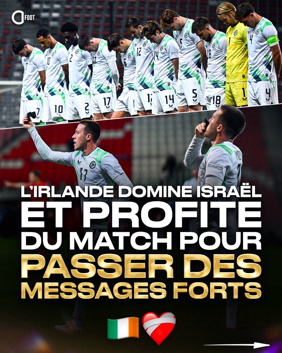 ActuFoot_'s tweet photo. 🚨🚨 L’IRLANDE 🇮🇪 S’IMPOSE FINALEMENT 3-0 FACE À ISRAËL 🇮🇱 en Ligue des Nations.

Le match a finalement bien eu lieu ce soir et les Irlandais, dont la plupart ne souhaitaient pas jouer, en ont profité pour rendre hommage aux victimes de Gaza en arborant tous un brassard noir durant la rencontre. 🖤🤝🇵🇸
