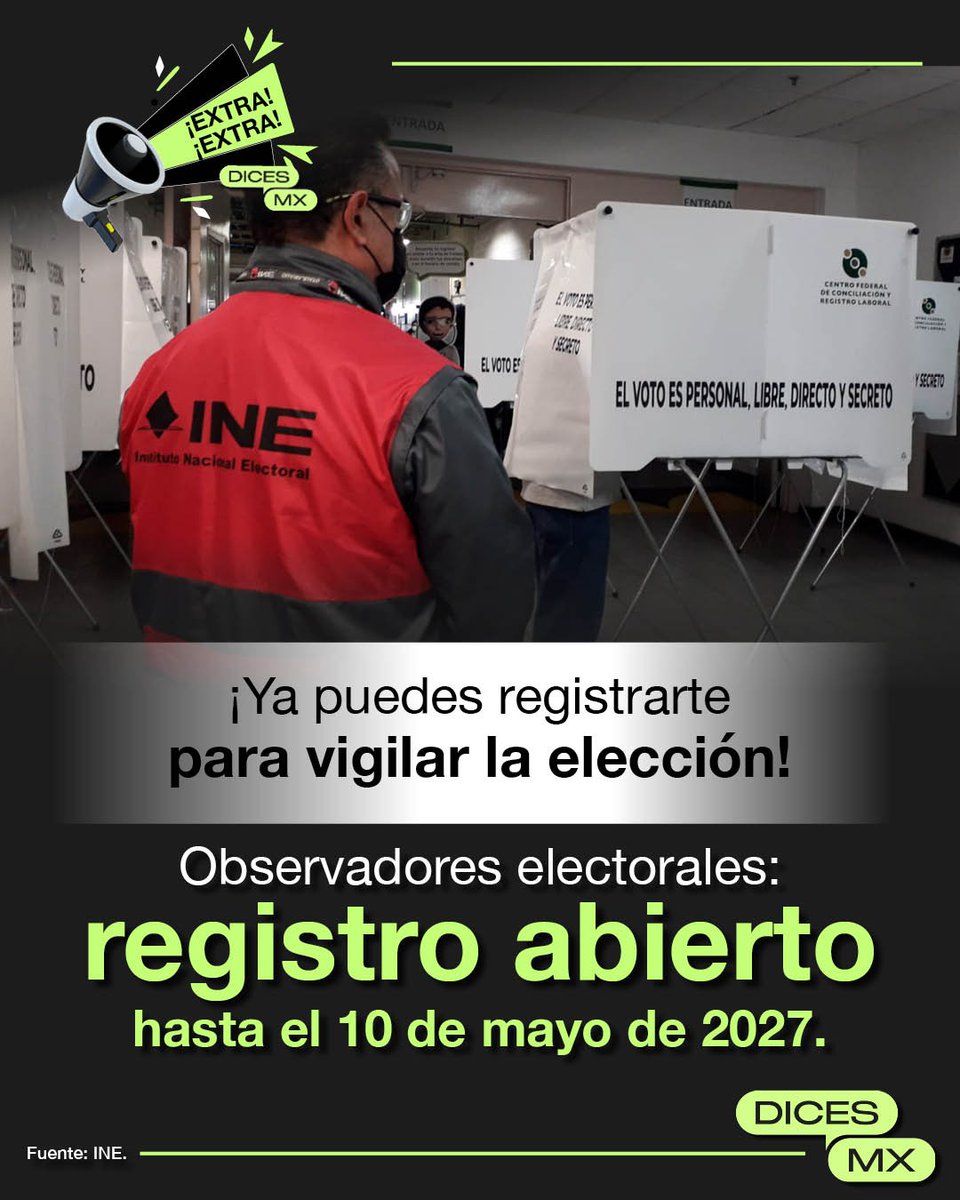 dicesmx's tweet photo. 👀🗳️ Te registras en línea o en la junta del @INEMexico de tu distrito, tomas un curso obligatorio y puedes observar el proceso y la jornada electoral.
@Coparmex va a promover la observación durante toda la elección, porque la democracia se protege todos los días.
#ExtraExtra https://t.co/TVzP8ampTY