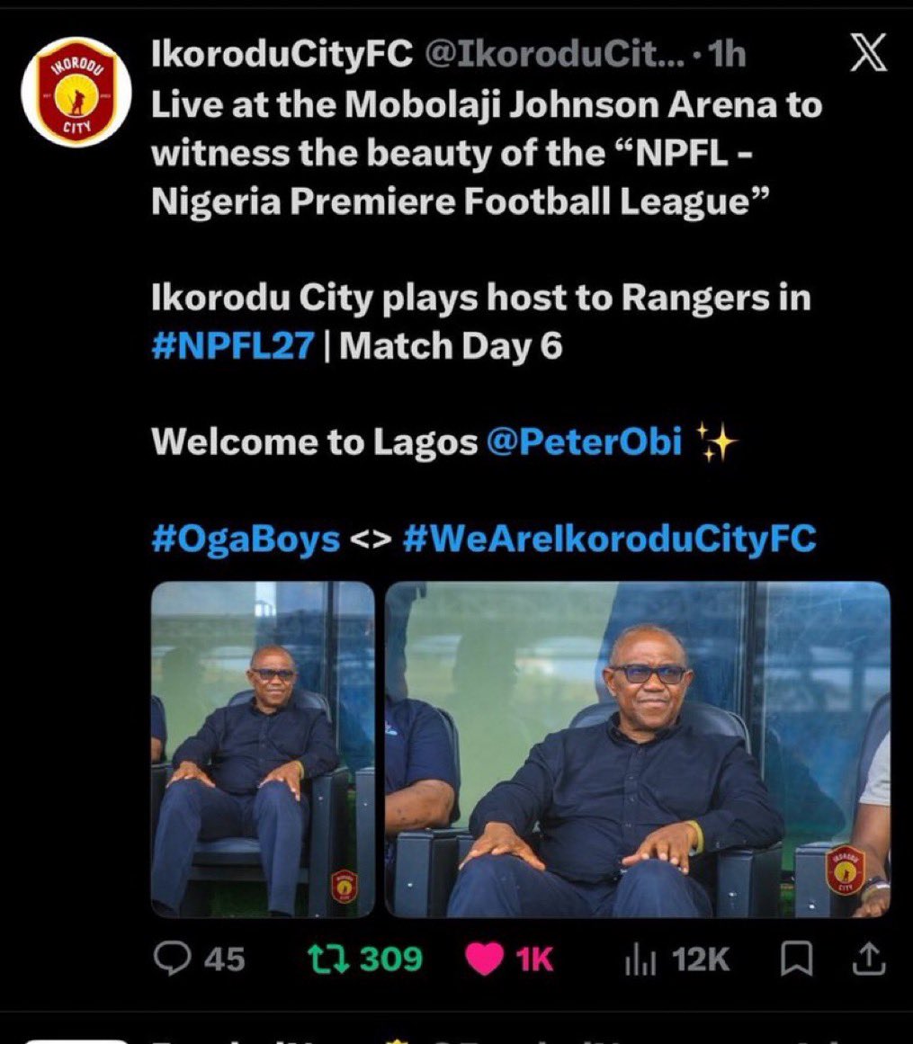 trigottista's tweet photo. They forced @IkoroduCityFC to delete this tweet acknowledging Peter Obi’s presence at their game against Enugu Rangers https://t.co/HdAwWRGAJu
