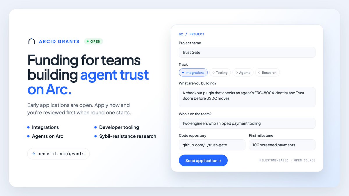 arcus_id's tweet photo. ArcID Grants: early applications are open.

We fund small teams making AI agents on Arc verifiable and accountable:

→ integrations that check trust before USDC moves
→ developer tooling for ERC-8004
→ agents that build a real track record
→ sybil-resistance research

Milestone-based. Open source. Apply first, get reviewed first.

https://t.co/XmsyfDH5CO
