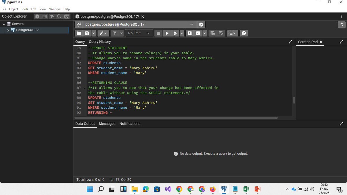 AceMaryBajisma's tweet photo. ๐ See the pictures below to see how the syntax highlighting changed when I switched the theme.
#postgresql #pgadmin #sql #dataanalysis #dataanalytics #teaching #tech #learning #bajismalytics https://t.co/d7nopwM1k8
