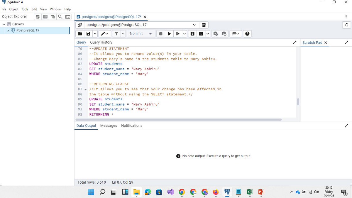 AceMaryBajisma's tweet photo. ๐ See the pictures below to see how the syntax highlighting changed when I switched the theme.
#postgresql #pgadmin #sql #dataanalysis #dataanalytics #teaching #tech #learning #bajismalytics https://t.co/d7nopwM1k8