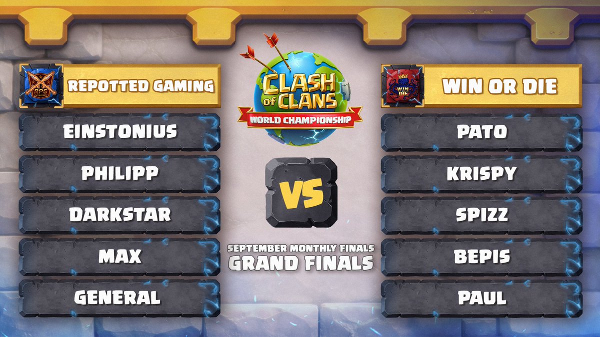 CoCEsports's tweet photo. Let's give it one more time for a Monthly Final Grand Finals ⚔️

Either way, we'll have a brand new Champion!
@rpg_coc 🆚 @Winordie_wod 

https://t.co/CPwlWKrL6P 🔗
#ClashEsports | #ClashWorlds https://t.co/7x0pu6c7wC