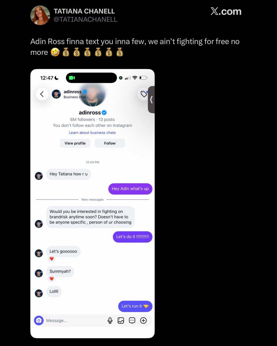FearedBuck's tweet photo. Tatiana Chanell reveals Adin Ross is in contact with her to set up a boxing match against Summyah.

Last night, she accused her ex best friend Summyah of sleeping with Floyd Mayweather, Shimmy Loe, Rob49, Jay Cinco, London On Da Track, &amp; a Cleveland Browns player within one year. https://t.co/nbbqGIZG51