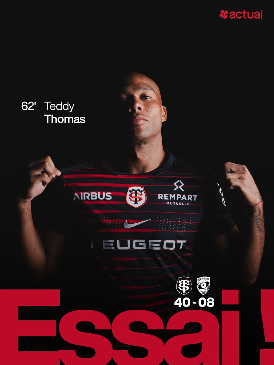 StadeToulousain's tweet photo. Encore un essai pour Teddy Thomas, et encore sur une passe au pied de Romain Ntamack 🫡 https://t.co/6l2A8A3m6d