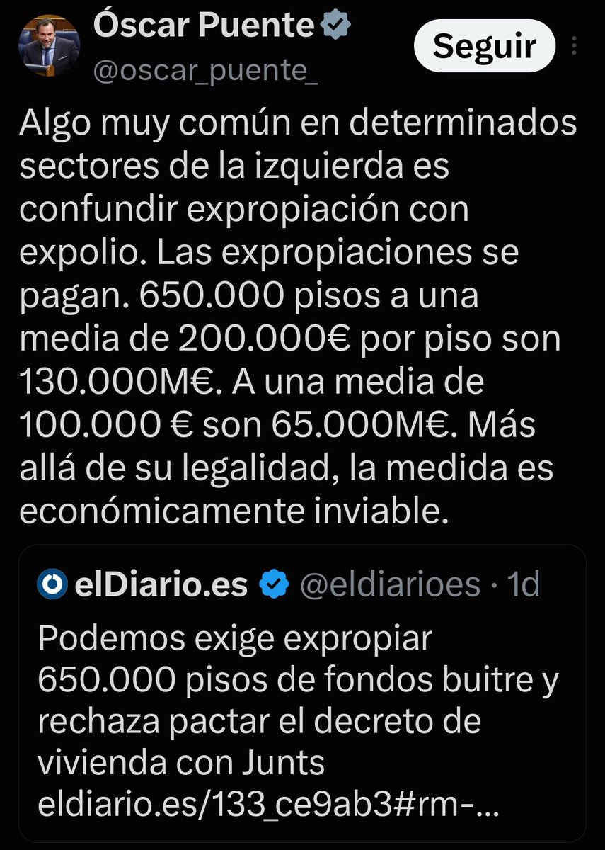 luisgonzaloseg's tweet photo. Dice Óscar Puente que es inviable económicamente expropiar los pisos de los fondos buitres porque los 650.000 pisos costarían 65.000 millones de euros, a 100.000 euros el piso, o 130.000 millones de euros a 200.000 euros.

¿Sabéis de cuánto dinero dispondríamos si el PSOE no hubiera cuadruplicado el gasto militar desde que llegó, en el año 2018 hasta ahora?

Pues... ¡67.000 millones de euros!

Es decir, suficiente para los 650.000 pisos de los fondos buitres a 100.000 euros o para 375.000 a 200.000 euros (incluso a este importe medio, en solo dos años se pagarían todos los pisos).

Dinero hay, lo que no hay es voluntad ni independencia para ello.

España es una farsa, como explico en mi último libro, y el PSOE es la clave para que funcione y sea creíble. La mayor farsa de todas.

Es triste, pero cuanto antes se asuma que España es una provincia de Estados Unidos, antes podremos resolver el problema.

Es nuestro dinero, es nuestro futuro.

*****

En mi último libro, hablo de España, de su insoportable corrupción, de la complicidad  y de lo que he vivido durante los últimos años: 'España, cara B: farsa, corrupción y fraude'

https://t.co/ZtnrxE2k8K