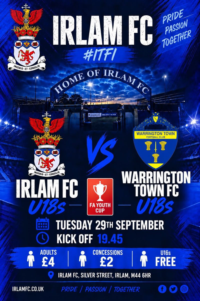 IrlamFC's tweet photo. This coming Tuesday
FA YOUTH CUP
Our 18's are at home in the FA Youth Cup as the face @theyellows.
7.45pm ko at Silver St
See you all there cheering our young players on https://t.co/DZAbdKU3if