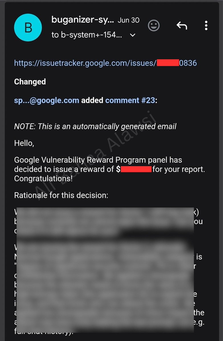 ABAlawsi's tweet photo. Thank you @GoogleVRP for the reward on one of my security reports, and for the additional exceptional quality bonus 🎉
#BugBounty #GoogleVRP #Google https://t.co/SdNaJ9xZDf