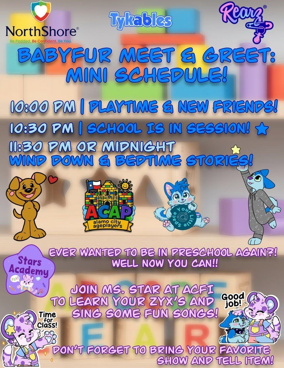 ACAP_ABDL's tweet photo. Come hang out with us at ACFI during our babyfur meet and greet! We are partnering with @YLS_Littles to host an interactive class and experience preschool again! Be sure to stick around for show and tell and storytime to end the night before bedtime

We hope to see you there!!! https://t.co/z3jn8JPrm5
