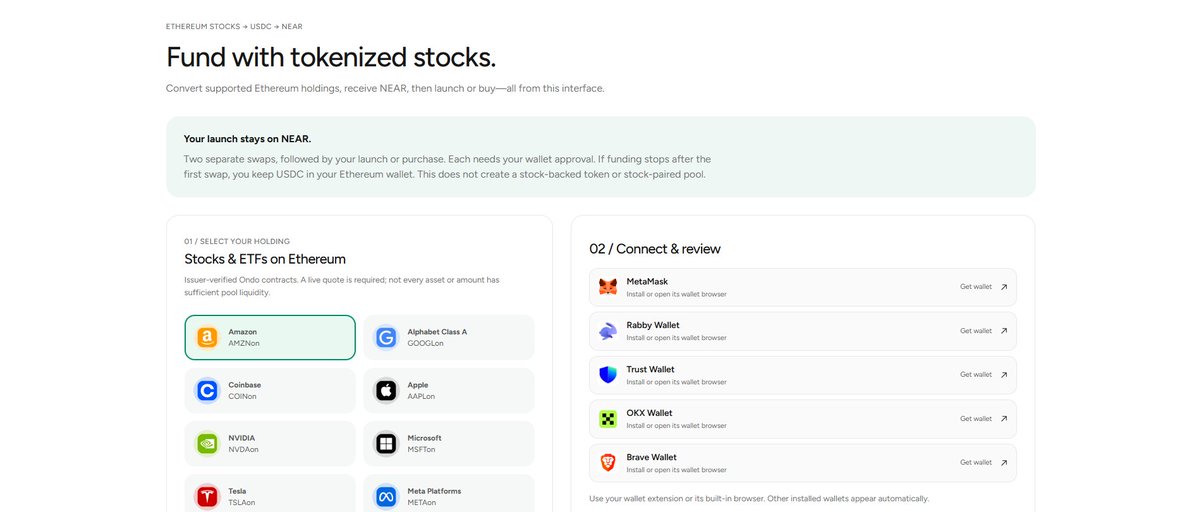 LaunchNear's tweet photo. BACK TO SHIPPING !

Your tokenized stocks. Your next NEAR launch. 

Convert supported Ethereum stock tokens → USDC → NEAR, then launch or buy—all in LaunchNear’s UI.

Live quotes. Separate wallet approvals. Availability varies. https://t.co/BRmxLFHhxC