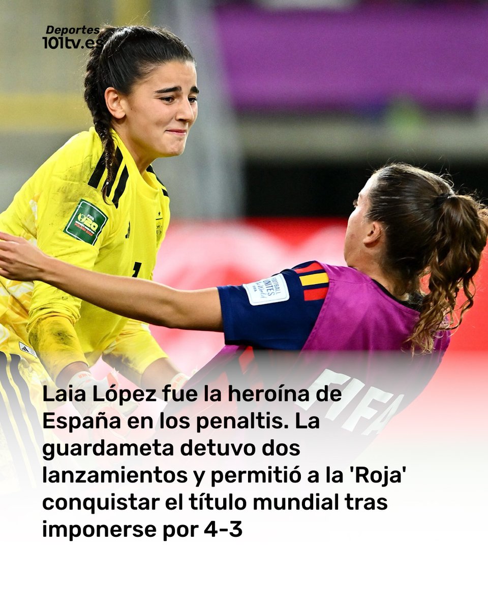 101tvMalaga's tweet photo. 🏆 España vuelve a ser campeona del mundo Sub-20. La selección femenina se impuso a Corea del Norte en la tanda de penaltis (4-3) después de un partido que terminó 0-0 tras los 90 minutos y la prórroga. Laia López fue la heroína al detener dos lanzamientos y permitir a la ‘Roja’ conquistar su segundo Mundial Sub-20.

📱Más información en https://t.co/hXxMoz09bz

#España #FútbolFemenino #MundialSub20 #LaRoja #Fútbol