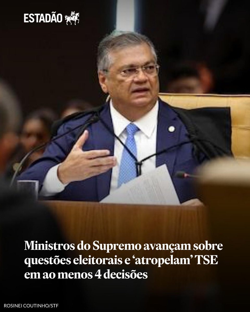 Estadao's tweet photo. Ministros do Supremo avançam sobre questões eleitorais e ‘atropelam’ TSE em ao menos 4 decisões | Flávio Dino, Gilmar Mendes e Alexandre de Moraes atuaram em temas que estavam sob análise ou poderiam ser examinados pela Justiça Eleitoral https://t.co/7YIS2gFMhw