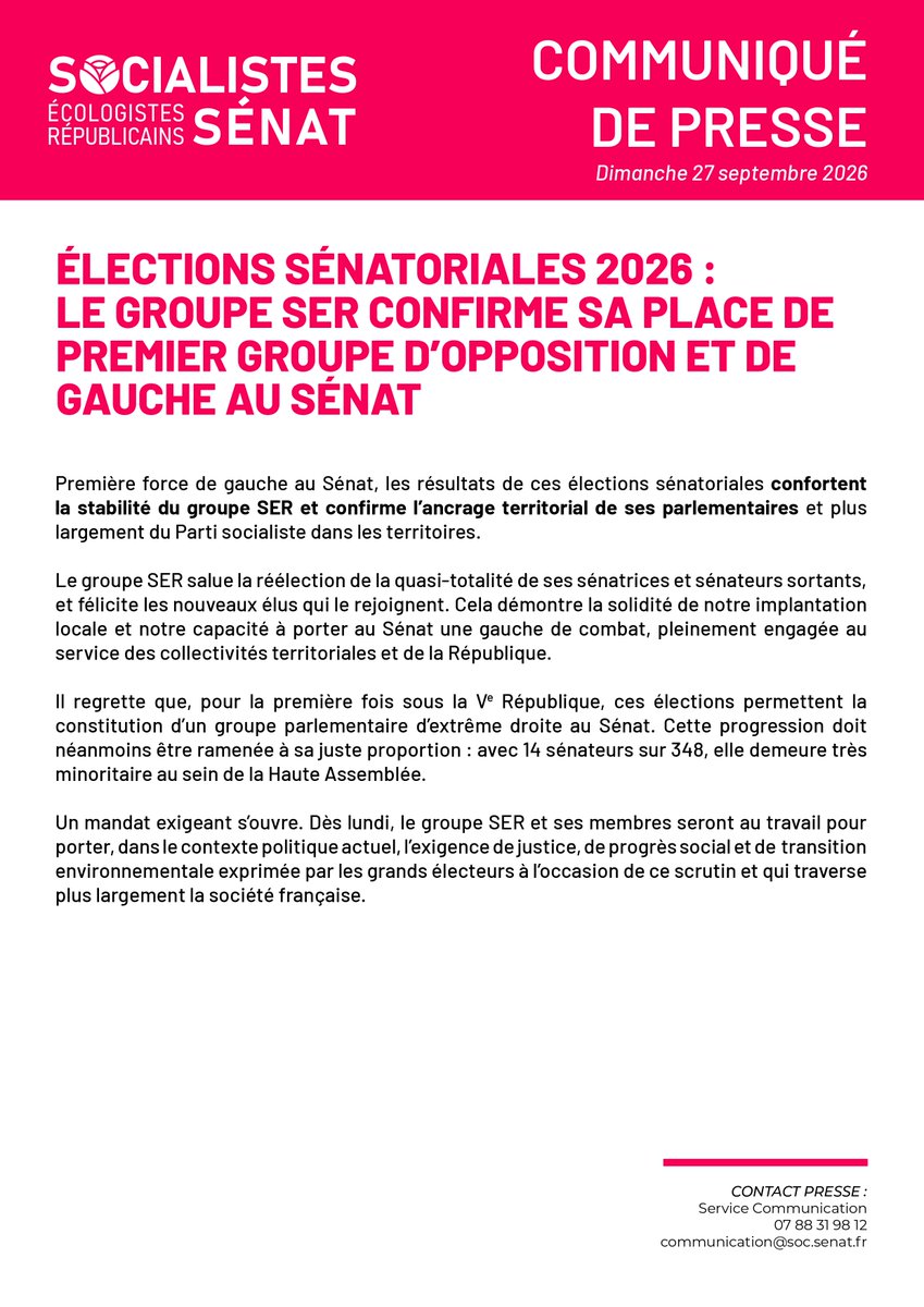senateursPS's tweet photo. Les résultats des élections sénatoriales confortent la stabilité du groupe SER.

Première force de gauche au Sénat et au Parlement, les socialistes sont en première ligne pour combattre l'extrême droite. https://t.co/kf0FGfMrTc
