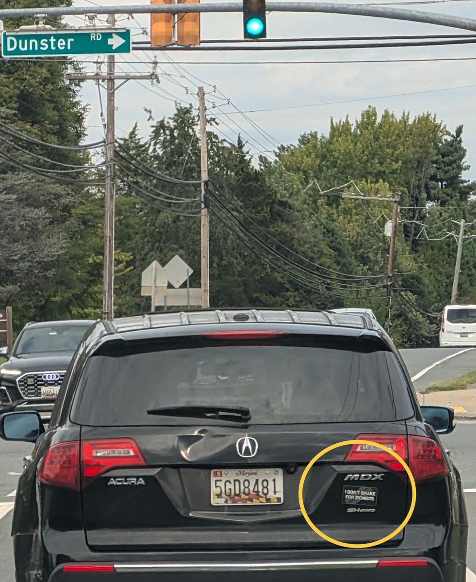 StopAntisemites's tweet photo. Rockville, MD - a town with a large Jewish population was understandably disturbed to see a car displaying a bumper sticker reading, “I don’t brake for Zionists.” 

Disagreement is no excuse for language that can be interpreted as threatening people. https://t.co/f2C31C4zWL