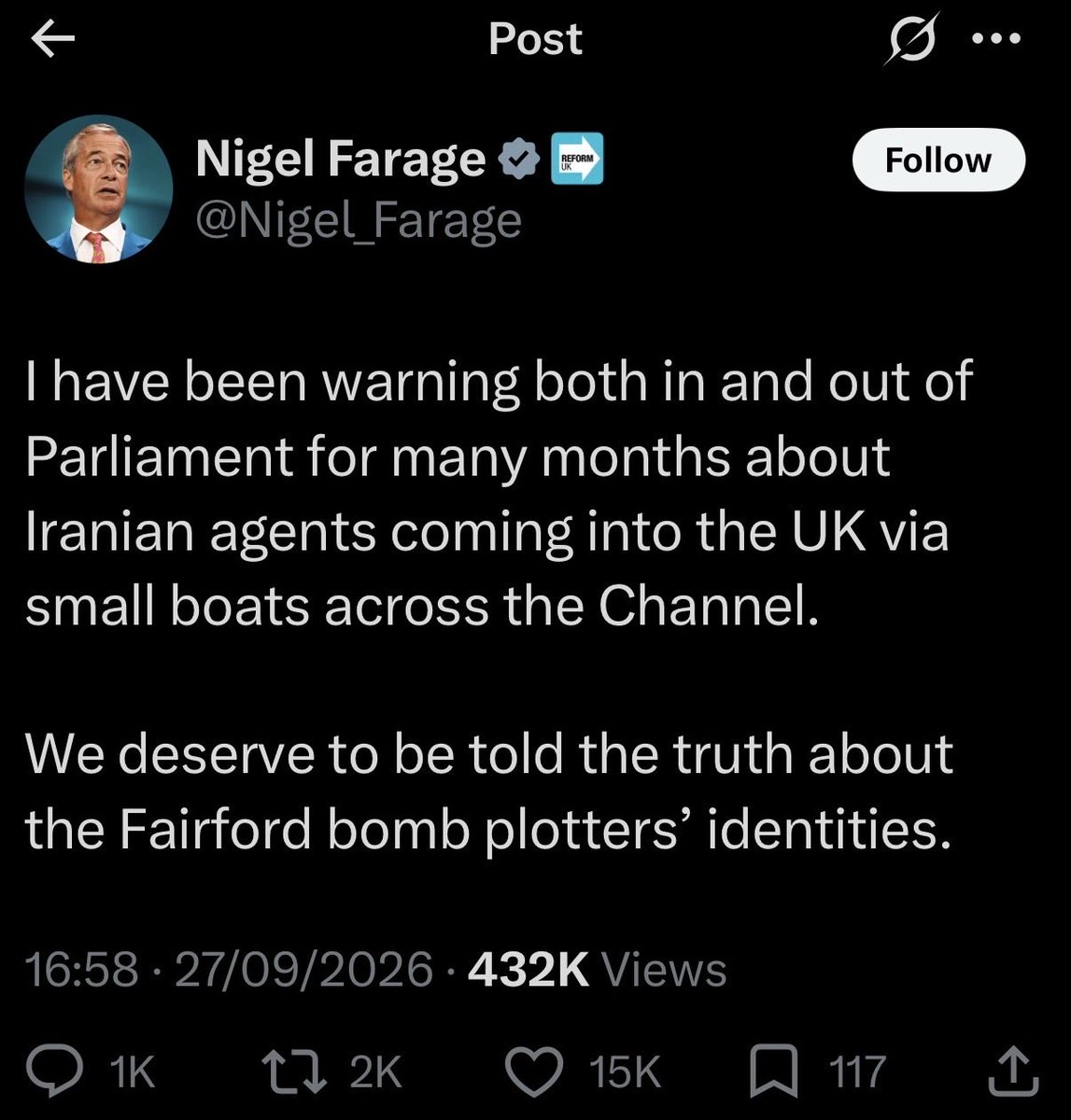 gregbagwell's tweet photo. You know that Farage is running out of arguments when he starts calling for sensitive information to be released within hours of a serious counter terrorism incident. And their identities alone tell us the square root of sod all about how they came here and who they work for. https://t.co/efJhibPxuP