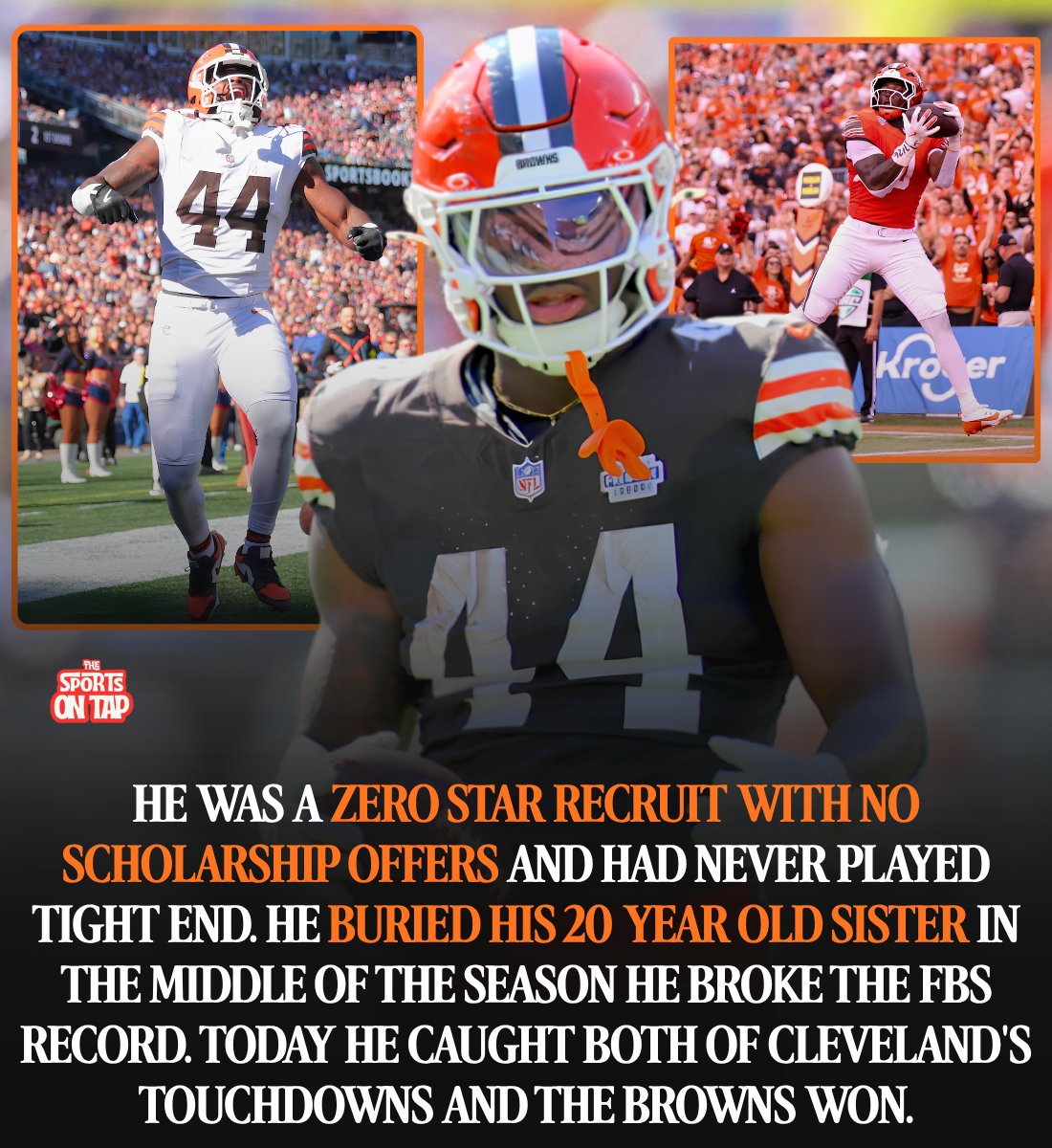 thesportsontap's tweet photo. Harold Fannin Jr. came out of Canton McKinley High School as a zero star recruit.

Not underrated. Unranked. He had no major scholarship offers at all.

He was also a defensive back. He had never played a snap at tight end in his life.

One school offered him. The Bowling Green Falcons, and they offered him at a position he did not play.

"If you're good, I wouldn't be focused on being Power 5. If you're good enough, the scouts are gonna come see you."

He caught 19 passes as a freshman.

Then came 2024, and two things happened at the same time.

The first is that he became the best tight end in the history of college football. 117 catches. 1,555 yards. 10 touchdowns. Both the catches and the yards are FBS single season records for the position.

He also became the first tight end ever to lead the entire country in receptions and receiving yards. Not among tight ends. Among every receiver in America.

The second thing is that his sister died.

Haria Wise was diagnosed with leukemia in early 2021. On October 23, 2024, in the middle of that season, she died. She was 20 years old.

So was he.

"She was really special to me because we're so close in age. We grew up together."

"It was unexpected, but every time I talked to my sister, she always just told me how proud she was."

His mother told him what to do.

"I told him, Haria is your biggest supporter, always has been, and she would want you to continue and carry on."

He played the day after her funeral.

He went out against Kent State with In Loving Memory Haria written on the tape on his left wrist. He scored. His mother said it felt like it was his first touchdown ever.

He puts his grandfather Benjamin Smith on that tape too. He died when Harold was in eighth grade.

"It made me realize that life is really short. So I knew I had to give it my all in whatever I was doing."

He finished that season as the first consensus All American in Bowling Green history and the highest graded player in college football.

He went 67th in the draft. Sixty six players heard their names first.

As a rookie he led the Cleveland Browns in receiving and broke their franchise rookie record for catches.

And today, Cleveland got outgained by the Carolina Panthers 362 yards to 259 and did not run for a single touchdown. They scored twice all afternoon, both through the air.

Harold Fannin Jr. caught both of them.

The second came from 14 yards out with under two minutes left, with the Browns losing, and it put them ahead for good.

Browns 21, Panthers 18.

Zero stars. One offer. A position he had never played.

And a name on his wrist.