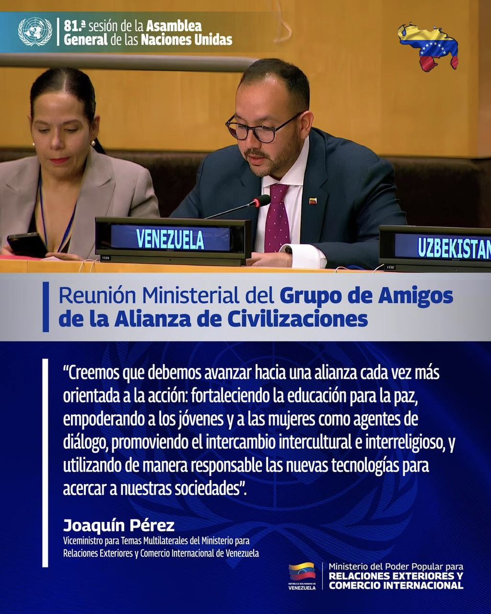 EmbCongo_ve's tweet photo. En el marco d la 81AGONU, el VM para Temas Multilaterales Joaquín Pérez participó en reuniones d alto nivel, transmitiendo la visión y posición de Venezuela en los temas abordados.
@NicolasMaduro @delcyrodriguezv @plasenciafelixr
#BringThemBack
#FreeThemNow
#FreeMaduro
#FreeCilia https://t.co/TJbG8qltuv