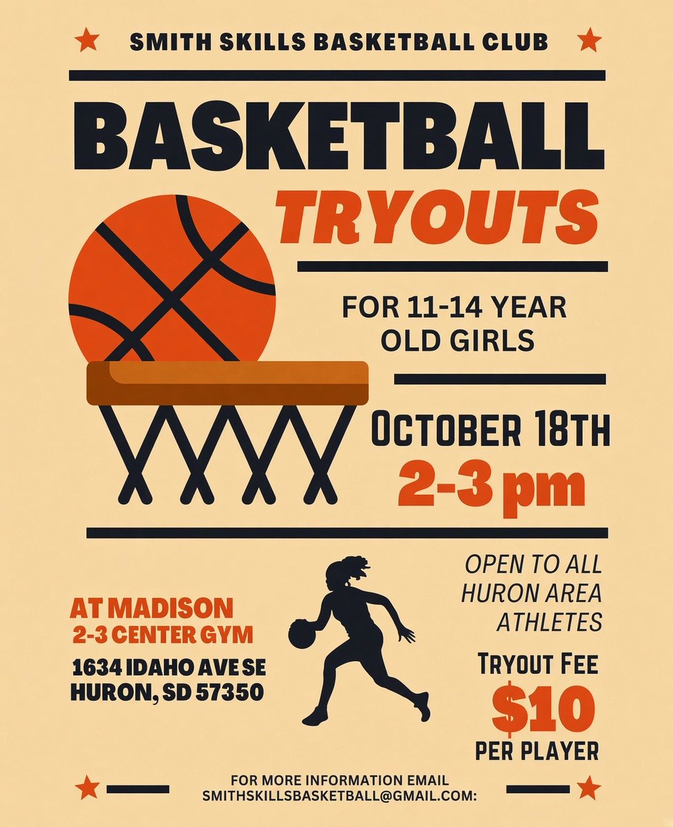 SmithSolutions4's tweet photo. 🏀 Girls Basketball Tryouts💫
Smith Skills Basketball Club
11–14 year olds
Oct 18 • 2–3 pm
Madison 2-3 Center Gym, Huron
$10 • Open to all Huron-area athletes
Email smithskillsbasketball@gmail.com
#GirlsHoops🏀 https://t.co/ZxaNz0rMIJ