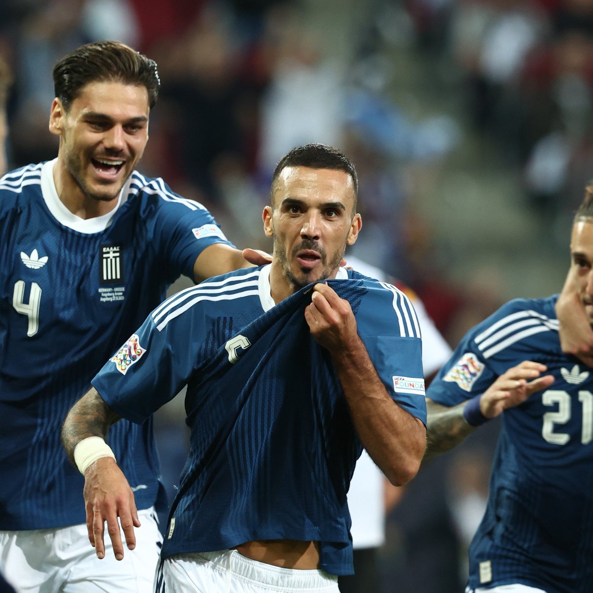 HellasFooty's tweet photo. FT: 🇩🇪 Germany 0-1 Greece 🇬🇷 

For the first time in history Greece defeat Germany! A 2nd half finish from Dimitris Kourbelis gave the Ethniki a crucial victory away in Augsburg!

#Greece #Ethniki #GERGRE https://t.co/p7uWRi4Mu2