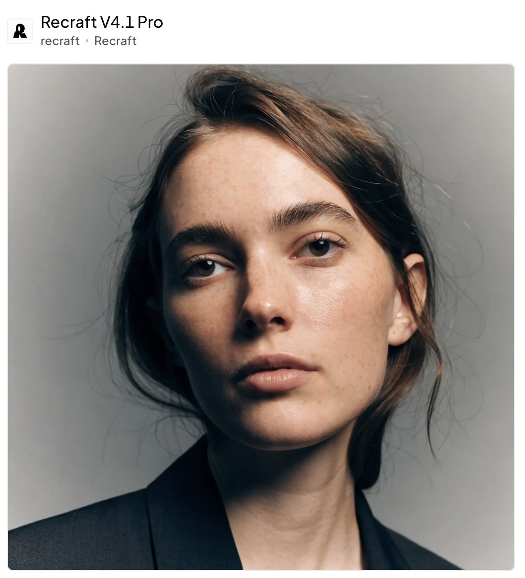 AnnaVDorogush's tweet photo. @recraftai models are different. They are tuned to give you something unique and beautiful, not a generic AI image.

@OpenRouter introduced a view where you can see all models on the same prompt. Look at how different models interpret a woman's portrait. Recraft produces striking results. Nothing is generic: face, light, hair, composition. The image is natural, down to the small details of skin texture. And at the same time this simple portrait is interesting to look at.

We constantly get feedback that Recraft is used to create characters and scenes. This shows exactly why.
