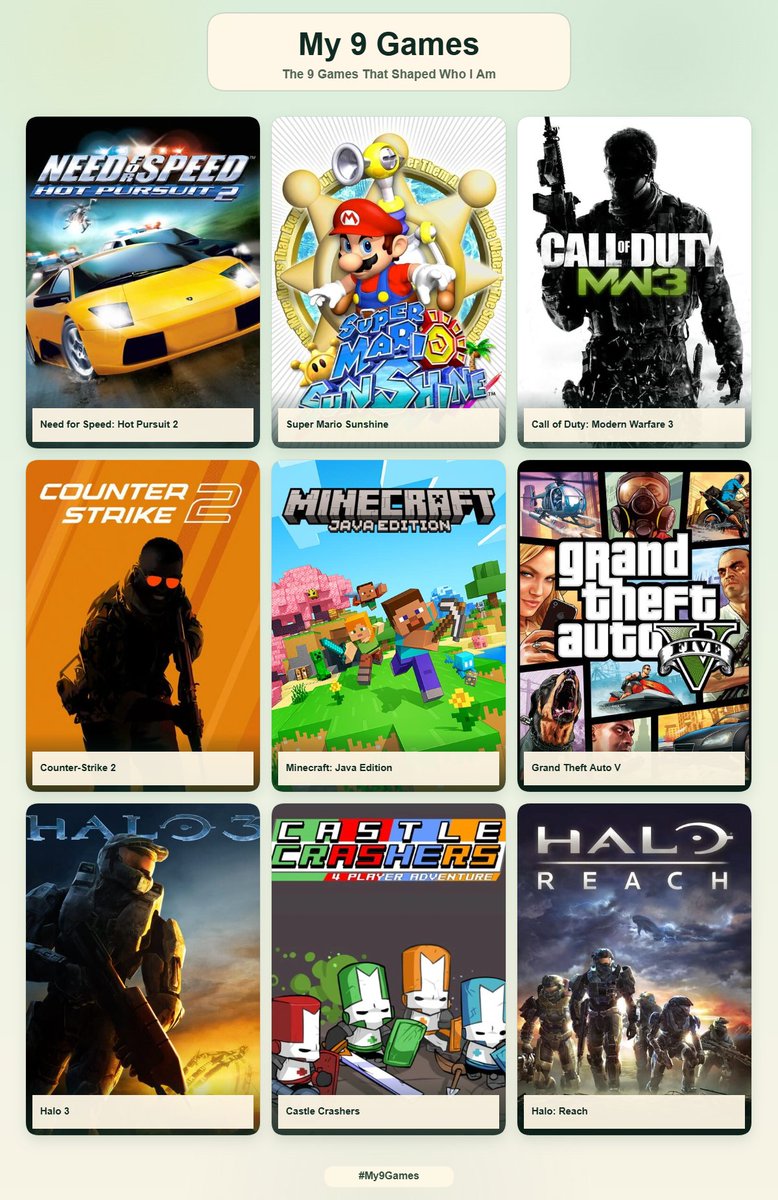 ItsColinn's tweet photo. took me a MINUTE to eliminate down to 9, but each one of these has a VERY special place in my heart for a multitude of reasons  

HM: Mirror's Edge, Halo 2, Black Ops 1 2 and 3 (lol), Smash Melee, Siege, Watch Dogs 2 https://t.co/Y2ja2tQ2zd