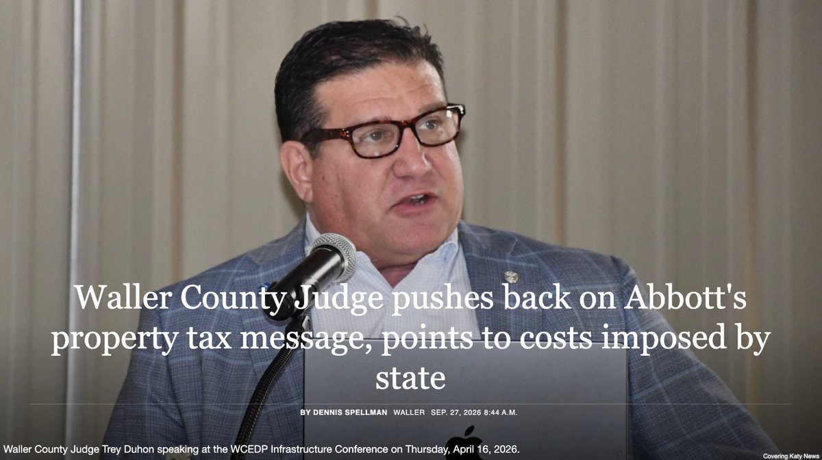 coveringkaty's tweet photo. The Governor says the state does not impose property taxes, but Waller County Judge Trey Duhon says the state certainly adds to the bill. Read our story here: https://t.co/PpOWmBAgBf https://t.co/ft4xyzmqPH