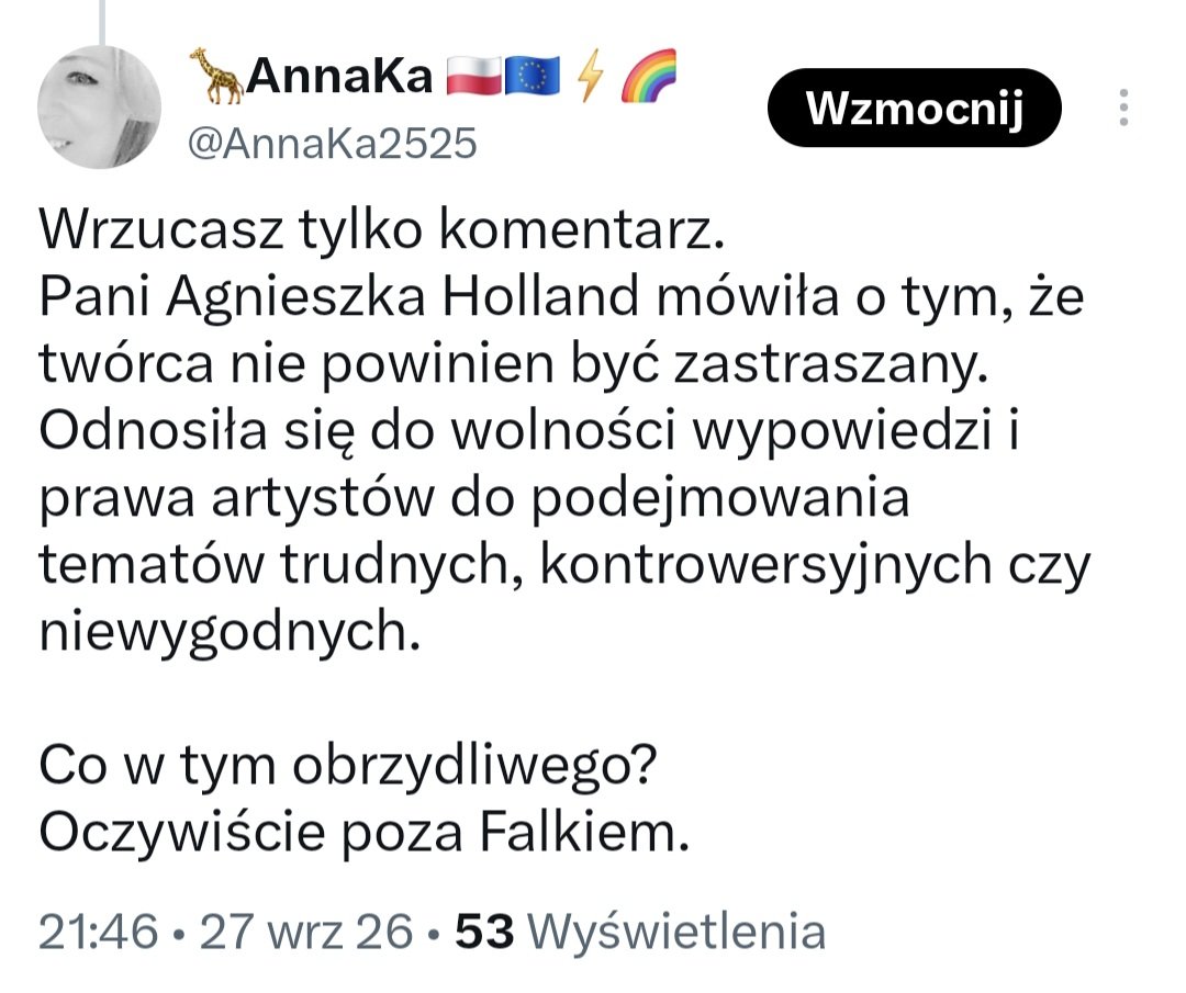 AnnaKa2525's tweet photo. Pamiętam, co prawica robiła z Agnieszką Holland za "Zieloną Granicę".
Dzisiaj "demokratom" nie pasuje apel o wolność artystyczną.
Aż się boję pomyśleć, co by dziś pisali o światowej artystce, gdyby ten film powstał teraz.

Chciałam zapytać, ale nie zdążyłam.
Polecam komentarze. https://t.co/GbqzwlQSOL