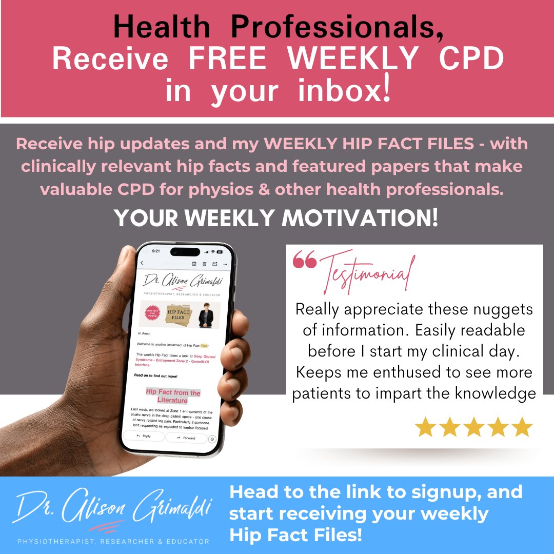 alisongrimaldi's tweet photo. Health Professionals — receive FREE weekly CPD 🧠📩
Weekly Hip Fact Files deliver short, clinically relevant hip updates, research insights and featured papers to support your ongoing learning.
Join thousands of clinicians receiving weekly emails.
Sign up: https://t.co/MOQNKgykM8 https://t.co/tdHZiTsvFs