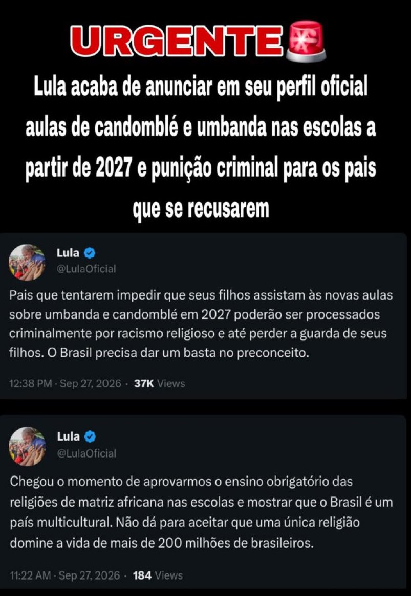alexandr3_x's tweet photo. Mais uma Bomba

Lula quer impor aulas de UMBANDA E CANDOMBLÉ em escolas públicas https://t.co/LAnZDEKNZ3